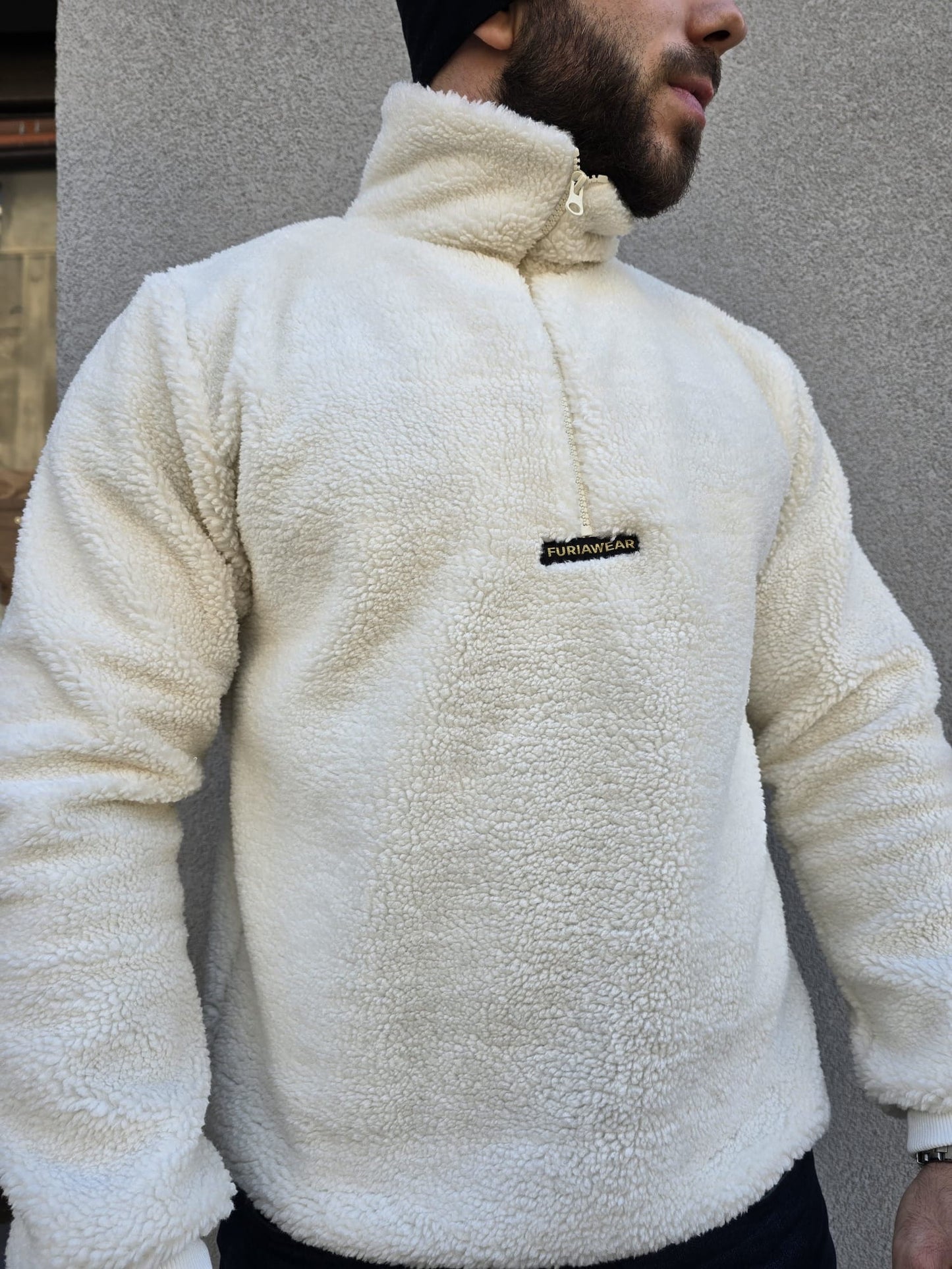 Sudadera Bouclé Beige con Cremallera