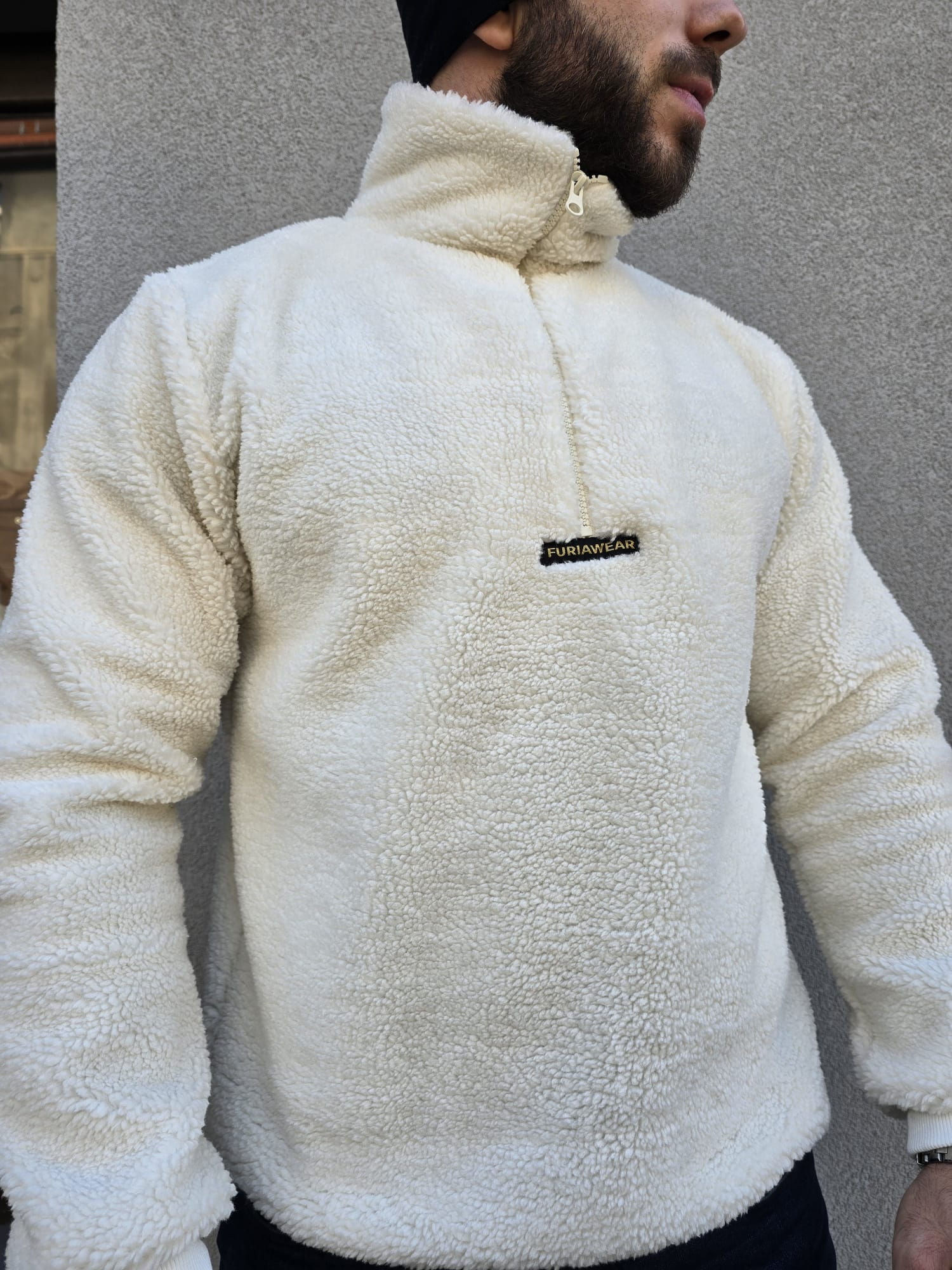 Sudadera Bouclé Beige con Cremallera
