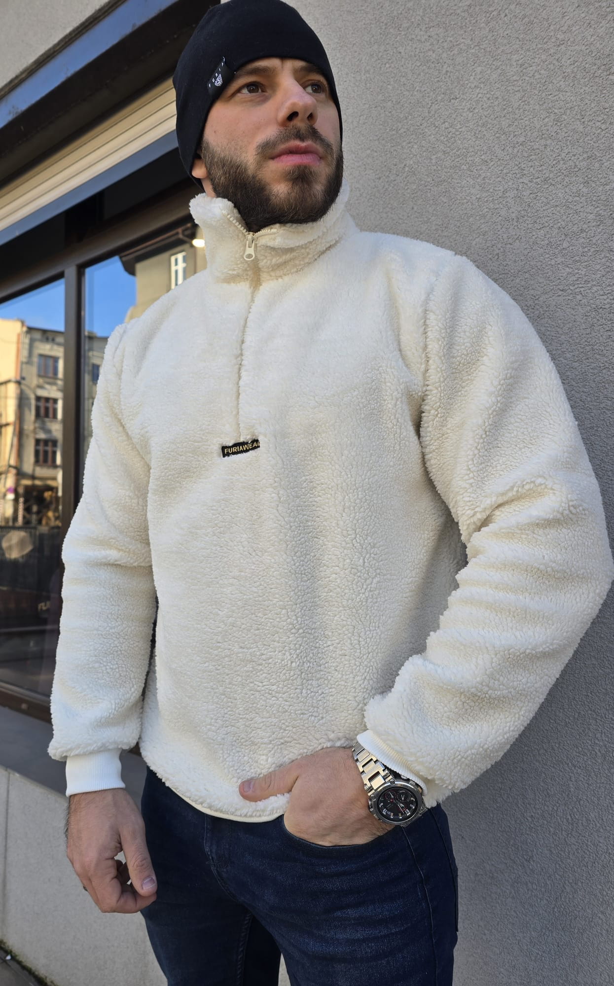 Sudadera Bouclé Beige con Cremallera